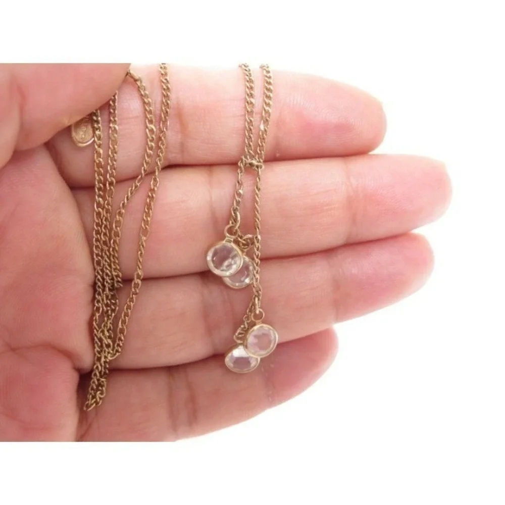 VINTAGE BEZEL SET CLEAR CRYSTAL DANGLE LARIAT STYLE‎ NECKLACE SIGNED AVON